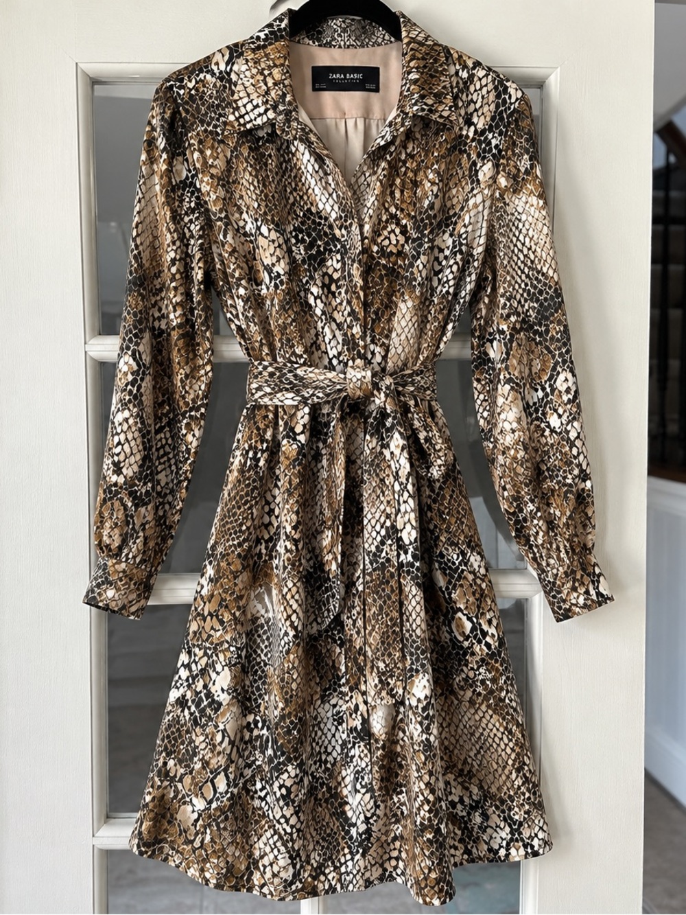 Zara Snake-Print Long Sleeve Shirt Dress in Brown and Black